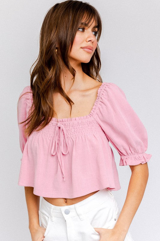 Puff Sleeve Smocking Detail Flared Cropped Top