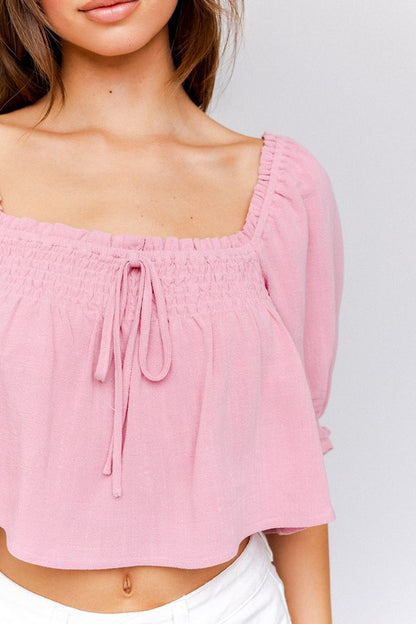 Puff Sleeve Smocking Detail Flared Cropped Top