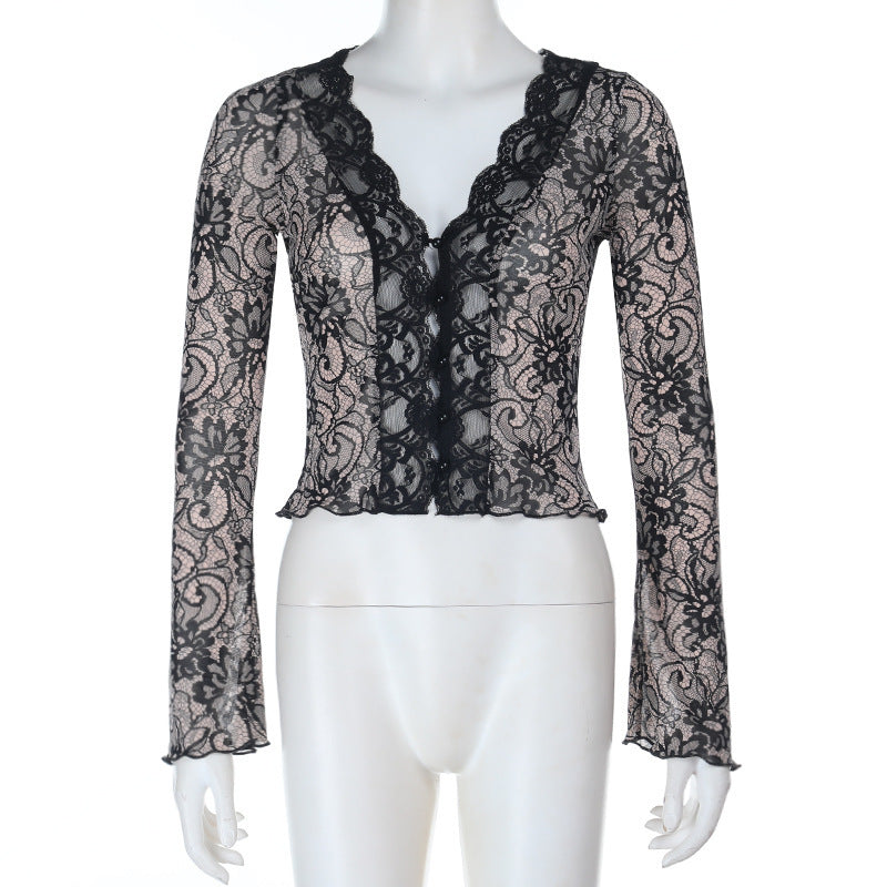 Lace Long Sleeve Top - Slim Fit Black Fashion