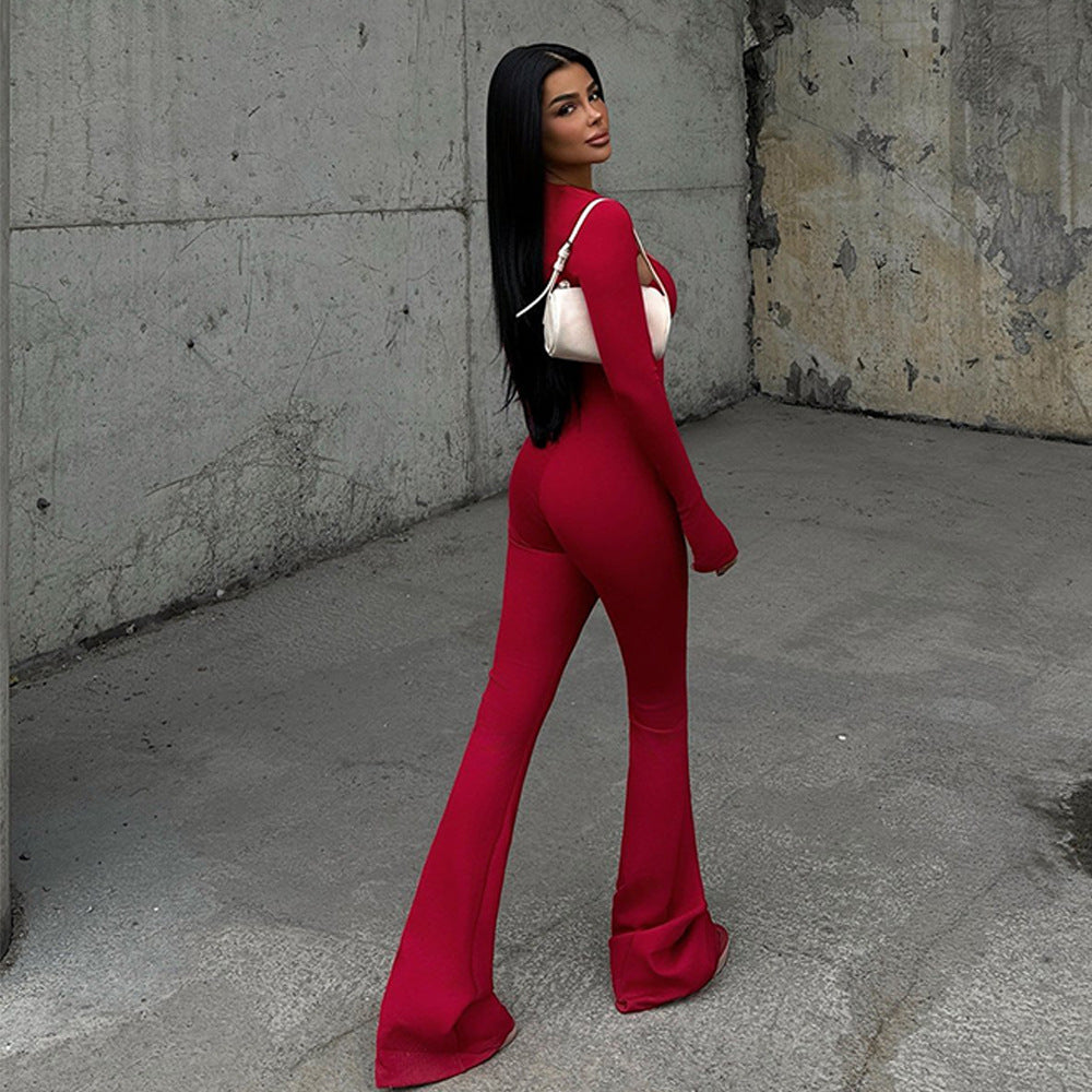 Long Sleeve Jumpsuit Set - Round Neck Tight Two-Piece