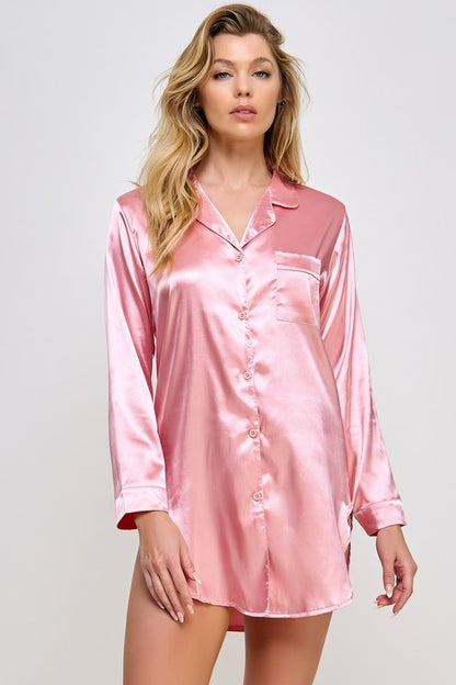 Button Down Kimberly Long Sleeve Satin Sleepshirt