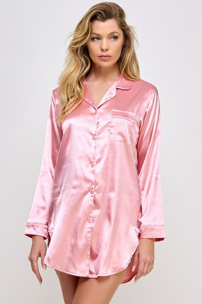 Button Down Kimberly Long Sleeve Satin Sleepshirt