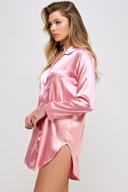 Button Down Kimberly Long Sleeve Satin Sleepshirt