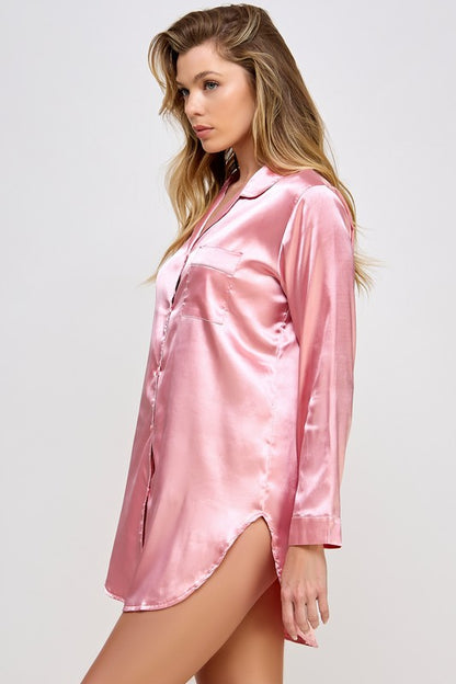 Button Down Kimberly Long Sleeve Satin Sleepshirt