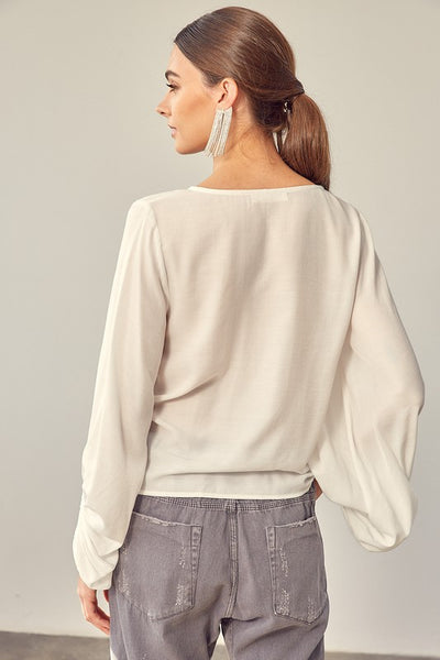 Cropped Balloon Sleeve Front Tie Shirring Top - Fashions Envy