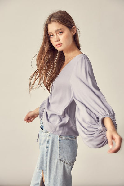 Cropped Balloon Sleeve Front Tie Shirring Top - Fashions Envy
