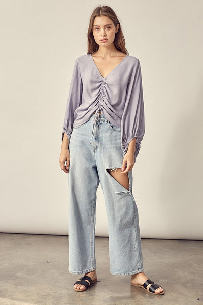 Cropped Balloon Sleeve Front Tie Shirring Top - Fashions Envy