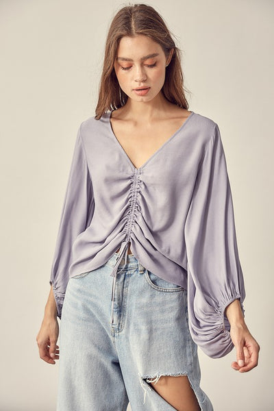 Cropped Balloon Sleeve Front Tie Shirring Top - Fashions Envy