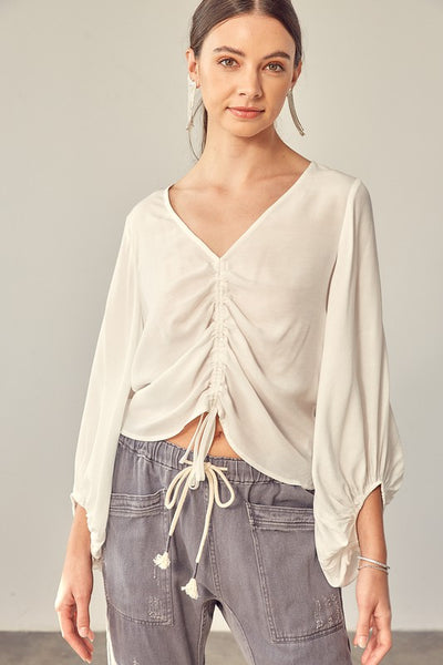 Cropped Balloon Sleeve Front Tie Shirring Top - Fashions Envy