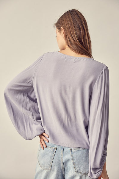 Cropped Balloon Sleeve Front Tie Shirring Top - Fashions Envy