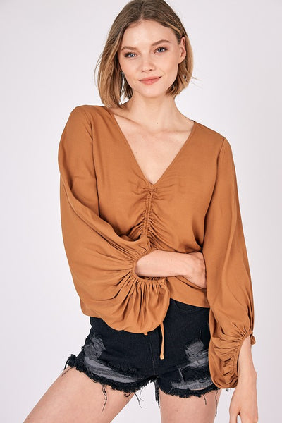 Cropped Balloon Sleeve Front Tie Shirring Top - Fashions Envy