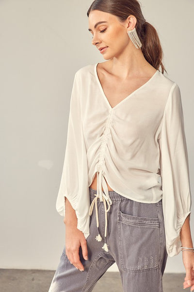 Cropped Balloon Sleeve Front Tie Shirring Top - Fashions Envy