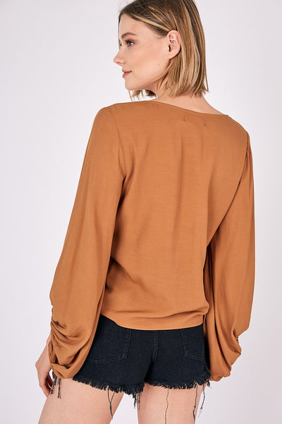 Cropped Balloon Sleeve Front Tie Shirring Top - Fashions Envy