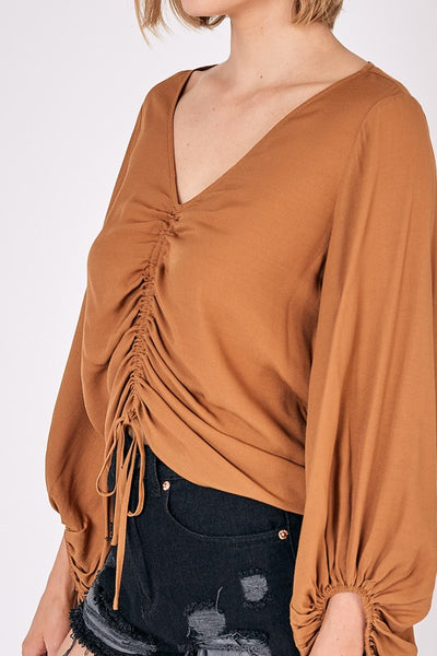 Cropped Balloon Sleeve Front Tie Shirring Top - Fashions Envy
