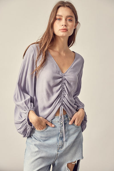 Cropped Balloon Sleeve Front Tie Shirring Top - Fashions Envy
