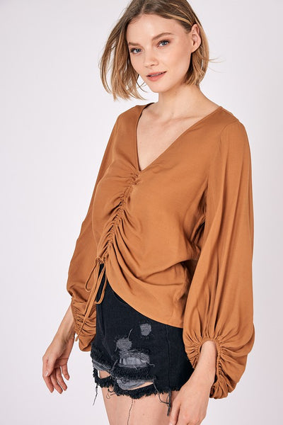 Cropped Balloon Sleeve Front Tie Shirring Top - Fashions Envy