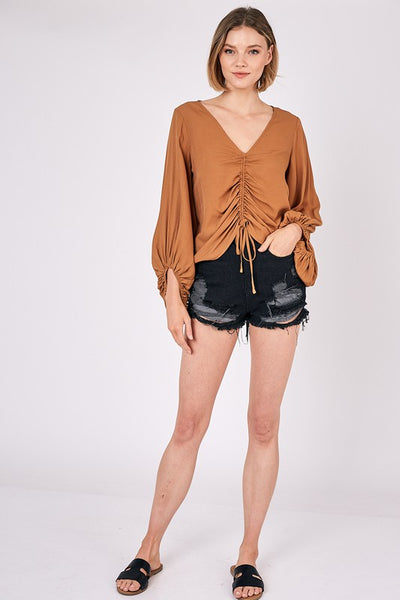 Cropped Balloon Sleeve Front Tie Shirring Top - Fashions Envy