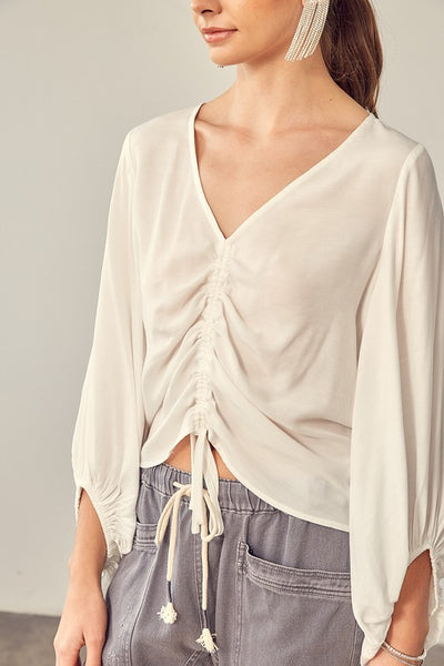 Cropped Balloon Sleeve Front Tie Shirring Top - Fashions Envy