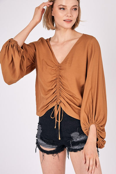 Cropped Balloon Sleeve Front Tie Shirring Top - Fashions Envy