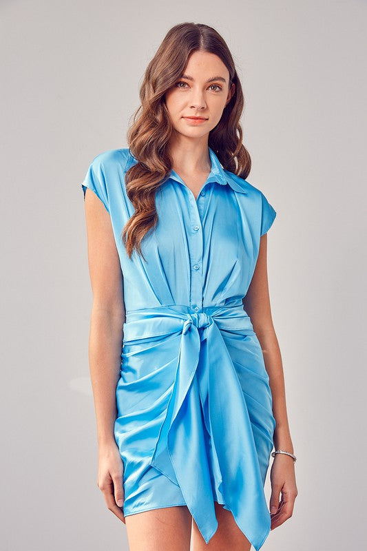 Collar Button Up Front Tie Mini Dress