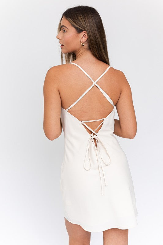 Cowl Neck Back Tie-Up Sleeveless Mini Dress