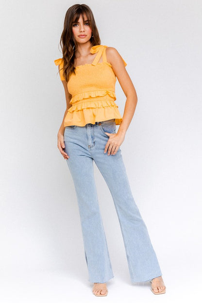 Cropped Sleeveless Smocked Tiered Ruffle Top