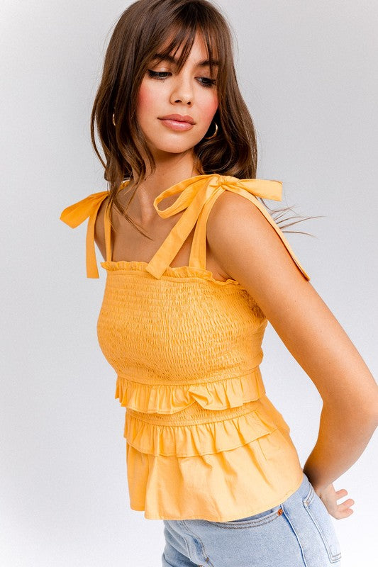 Cropped Sleeveless Smocked Tiered Ruffle Top