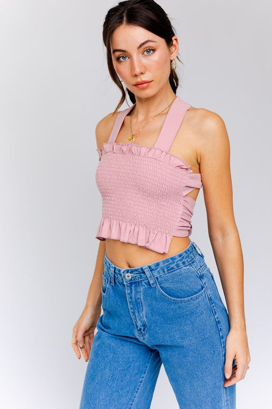 Criss-Cross Back Tie Smocked Tank