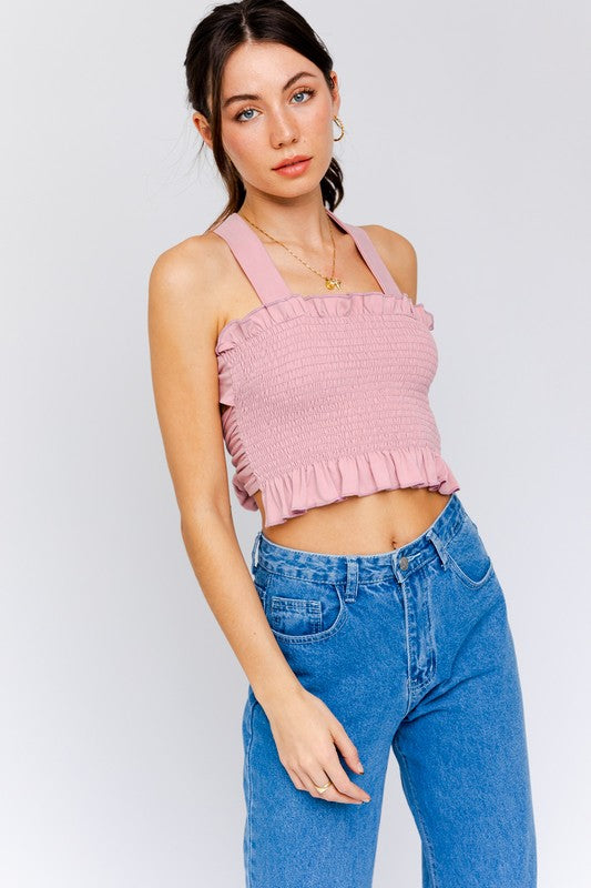 Criss-Cross Back Tie Smocked Tank