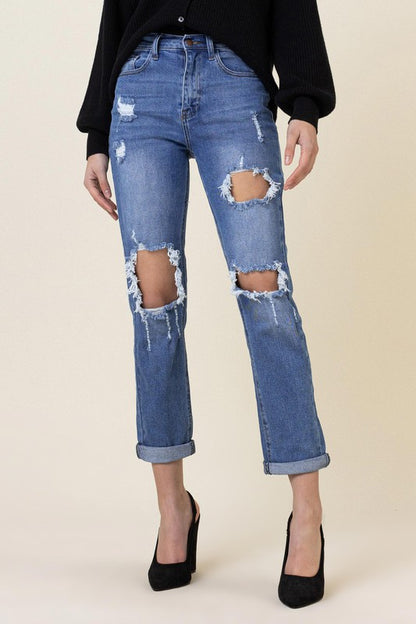 Rolled Cuff Distressed Boyfriend Zip Fly Jeans