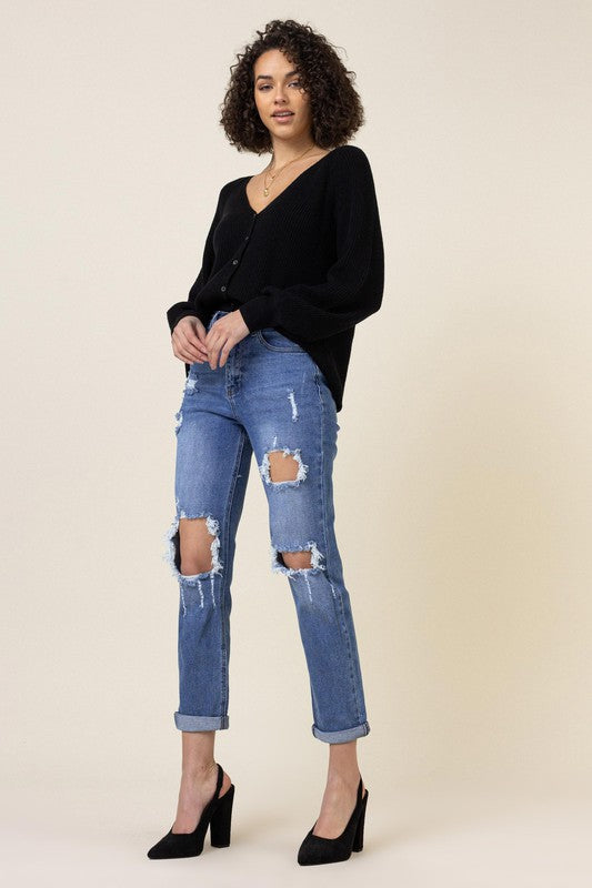 Rolled Cuff Distressed Boyfriend Zip Fly Jeans