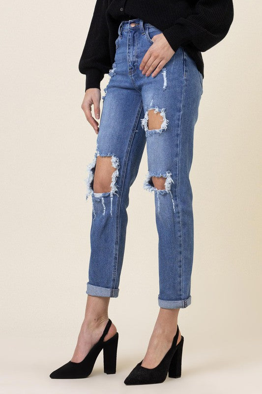 Rolled Cuff Distressed Boyfriend Zip Fly Jeans