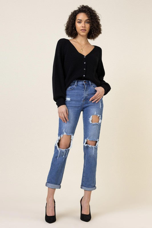 Rolled Cuff Distressed Boyfriend Zip Fly Jeans