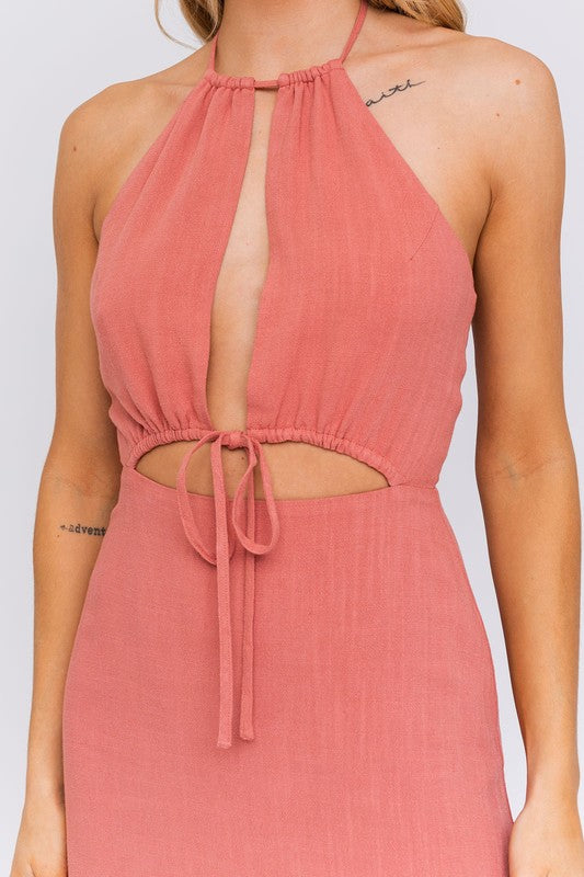 Front Cutout Halter Neck Open Front Detail Mini Dress