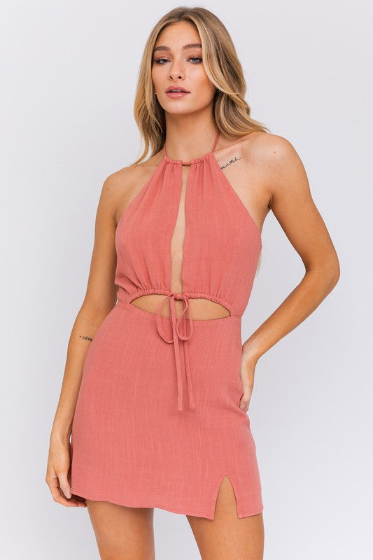 Front Cutout Halter Neck Open Front Detail Mini Dress