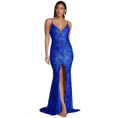 Spaghetti Strap Sequin Prom Gown - Deep V Maxi Slit Dress