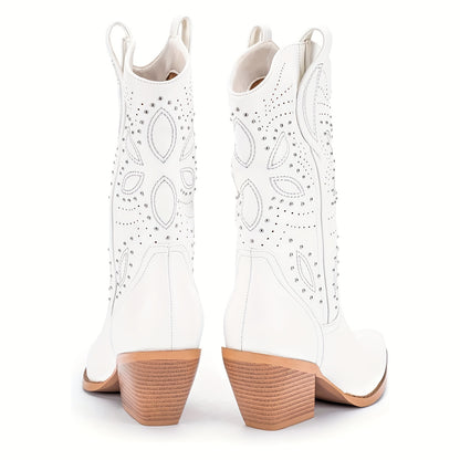 Slip-On Mid-Calf Western Cowgirl Boots with Embroidery & Studded Rivets