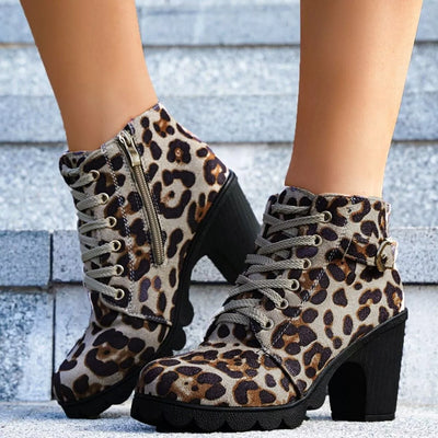 Lace Up Boots - Block High Heels - Fashions Envy