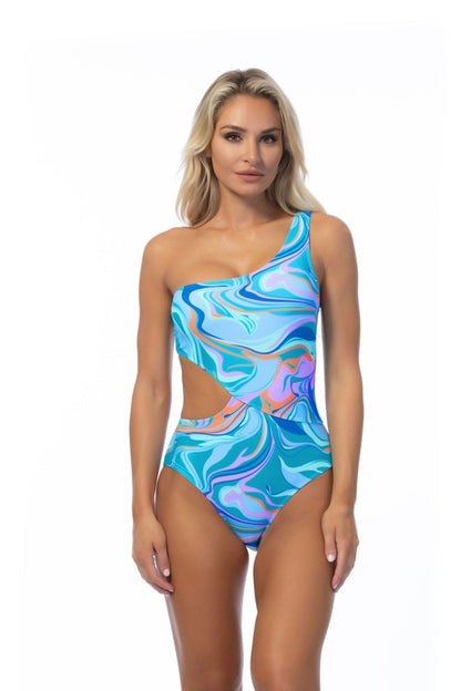 Wave Print Single Shoulder One-Piece Swimsuit