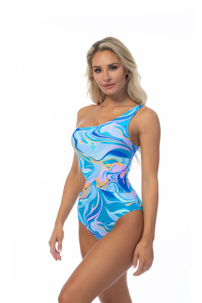 Wave Print Single Shoulder One-Piece Swimsuit