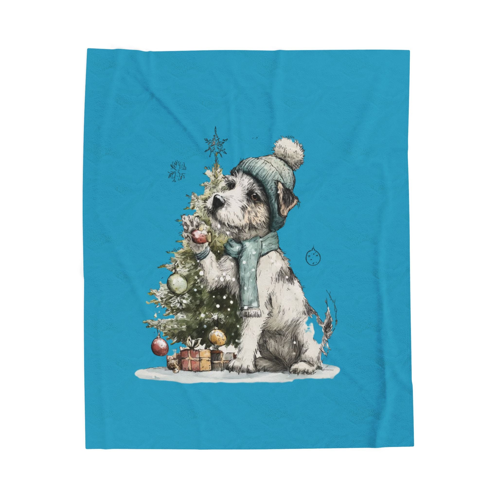 Blanket with a Christmas-themed design featuring a dog and tree on a blue background
