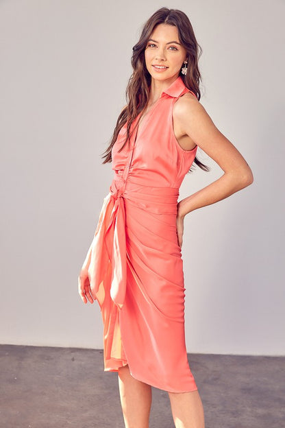 Sleeveless Collar Front Tie Midi Dress