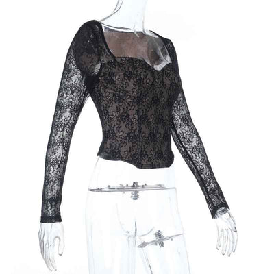 Black Lace Long Sleeve Top - V-Neck Waist Cinched Slim
