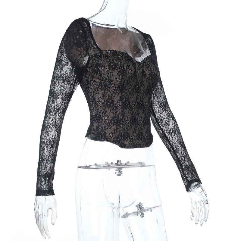 Black Lace Long Sleeve Top - V-Neck Waist Cinched Slim