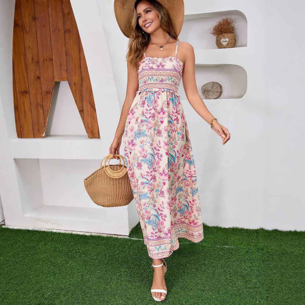 Ethnic Print Bohemian Maxi Dress - Backless Tie-Up Beach Style
