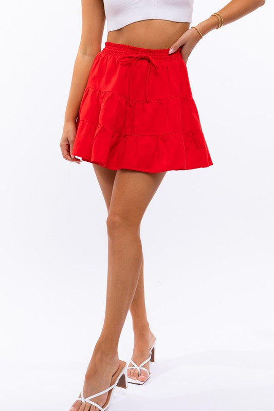 Front Tie Smocked Waist Flare Skirt