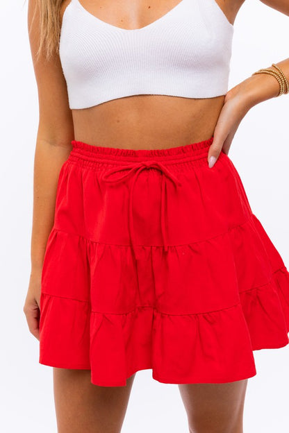 Front Tie Smocked Waist Flare Skirt