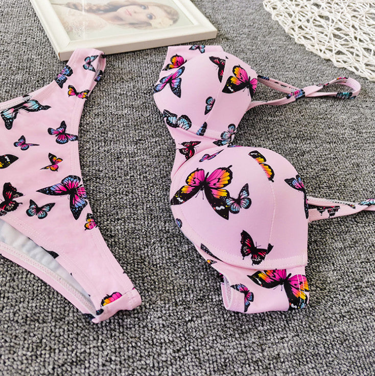 V-Cut Butterfly Print Bikini - Halter Swimsuit Set