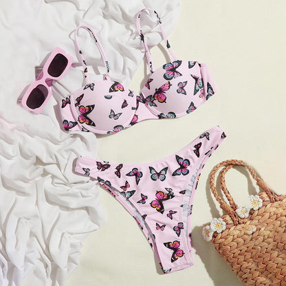 V-Cut Butterfly Print Bikini - Halter Swimsuit Set