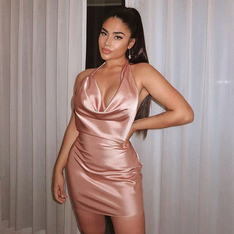 Satin Backless V-Neck Sleeveless Summer Party Mini Dress